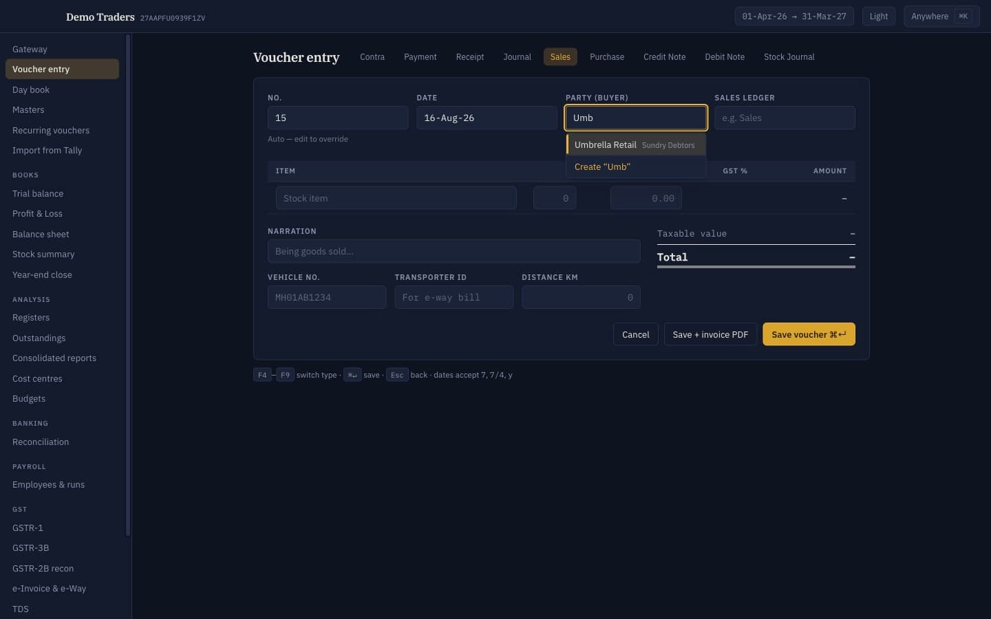 Sales voucher entry in dark theme with the party ledger picker open